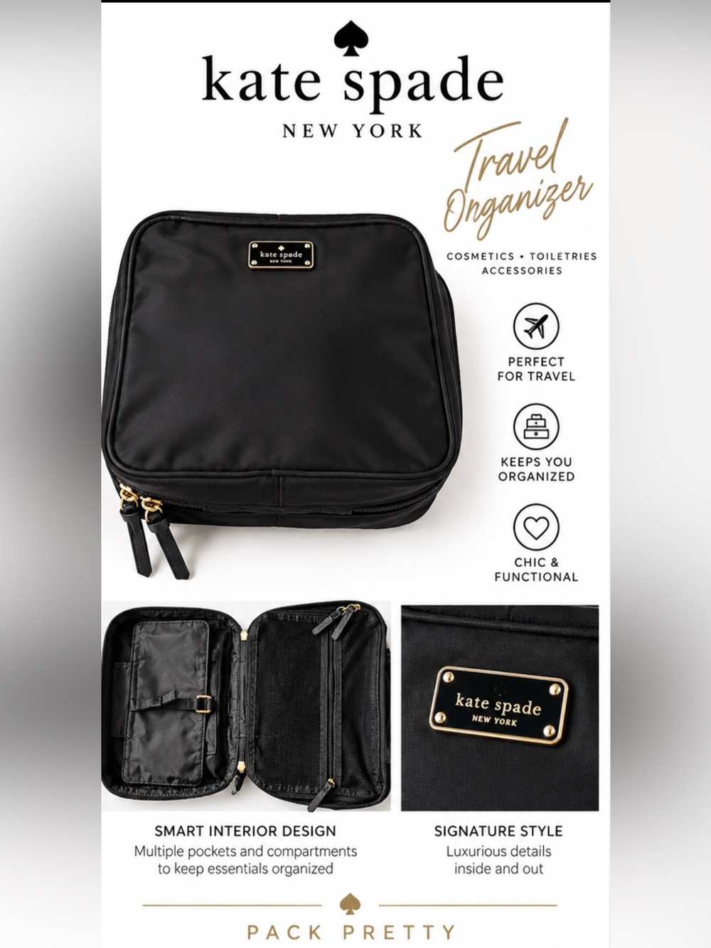 kate spade Black Travel Organizer Cosmetic Bag